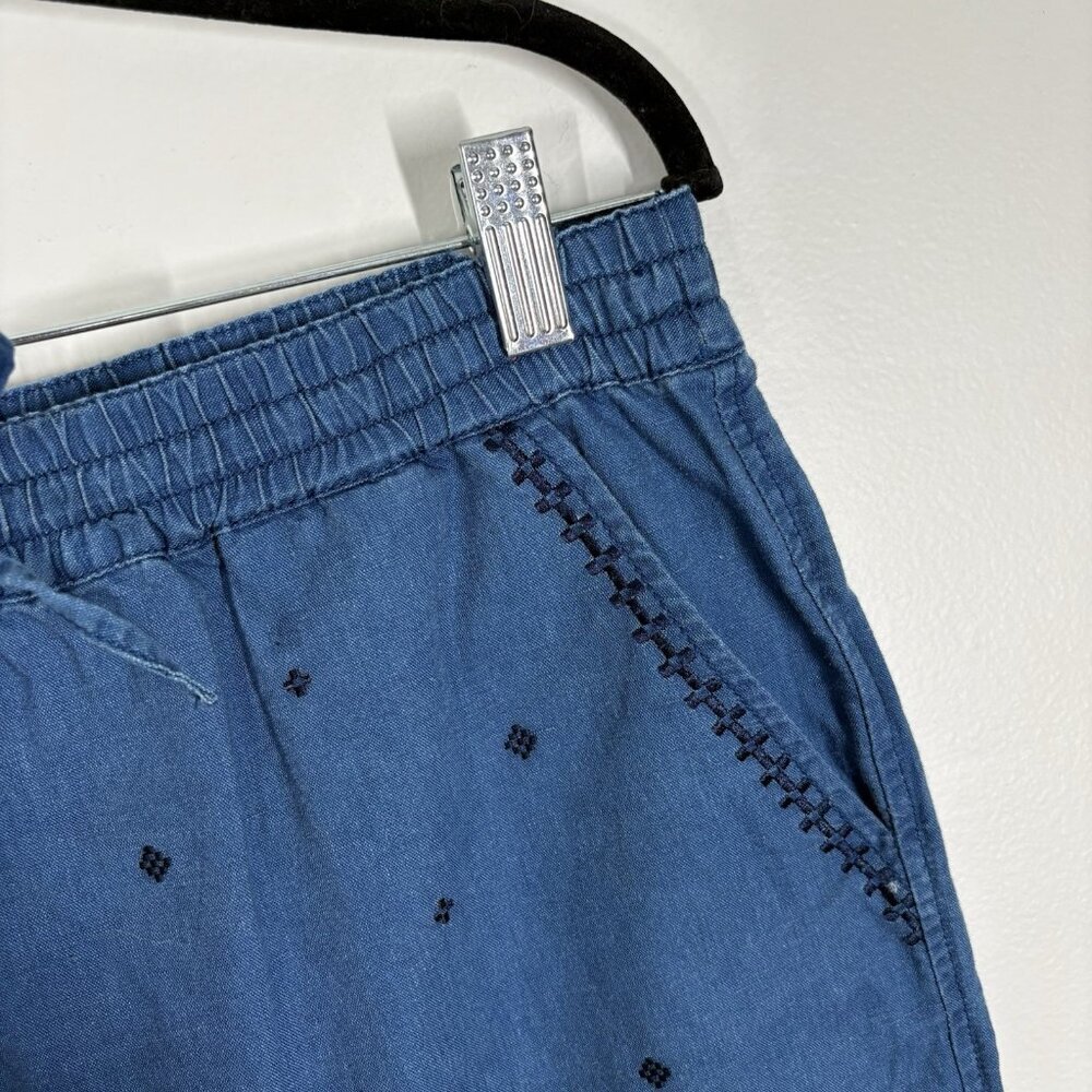 J.Crew Women S Blue Chambray Linen Cotton Embroidered Drawstring Mini Skirt - Picture 6 of 10